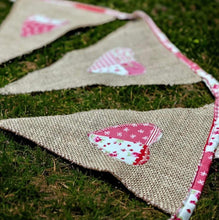 Load image into Gallery viewer, Rustic Hessian Bunting With Pink Patchwork Hearts