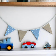 Load image into Gallery viewer, Blue Polka Cotton & Rustic Hessian Bunting