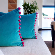 Load image into Gallery viewer, Jade & Pink Pom Pom Velvet Cushion