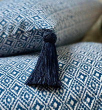 Load image into Gallery viewer, Tasselled Aztec Indigo Sustainable Cotton Cushion