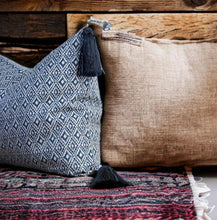 Load image into Gallery viewer, Tasselled Aztec Indigo Sustainable Cotton Cushion