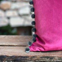 Load image into Gallery viewer, Cerise & Grey Pom Pom Velvet Cushion