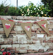 Load image into Gallery viewer, Rustic Hessian Bunting With Pink Patchwork Hearts