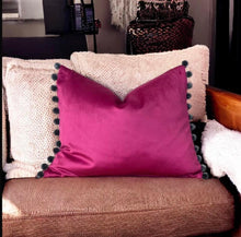 Load image into Gallery viewer, Cerise & Grey Pom Pom Velvet Cushion