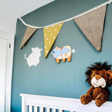 Load image into Gallery viewer, Yellow Polka Cotton & Rustic Hessian Bunting