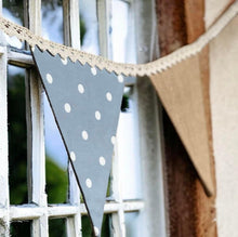 Load image into Gallery viewer, Blue Polka Cotton & Rustic Hessian Bunting