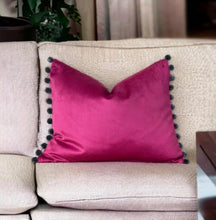 Load image into Gallery viewer, Cerise & Grey Pom Pom Velvet Cushion