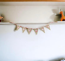 Load image into Gallery viewer, Rustic Hessian Bunting With Pink Patchwork Hearts
