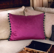 Load image into Gallery viewer, Cerise & Grey Pom Pom Velvet Cushion