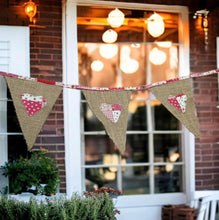 Load image into Gallery viewer, Rustic Hessian Bunting With Pink Patchwork Hearts