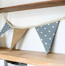 Load image into Gallery viewer, Blue Polka Cotton & Rustic Hessian Bunting