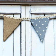 Load image into Gallery viewer, Blue Polka Cotton & Rustic Hessian Bunting