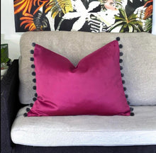 Load image into Gallery viewer, Cerise & Grey Pom Pom Velvet Cushion