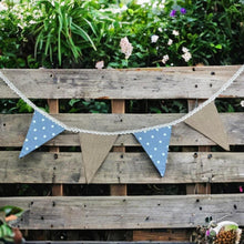 Load image into Gallery viewer, Blue Polka Cotton & Rustic Hessian Bunting