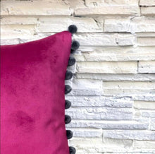 Load image into Gallery viewer, Cerise & Grey Pom Pom Velvet Cushion