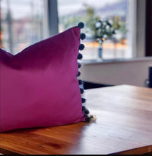 Load image into Gallery viewer, Cerise & Grey Pom Pom Velvet Cushion