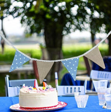 Load image into Gallery viewer, Blue Polka Cotton & Rustic Hessian Bunting