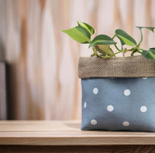 Load image into Gallery viewer, Blue Polka Dot & Hessian Pot