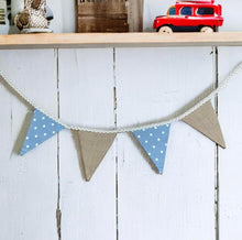 Load image into Gallery viewer, Blue Polka Cotton & Rustic Hessian Bunting
