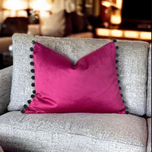 Load image into Gallery viewer, Cerise & Grey Pom Pom Velvet Cushion