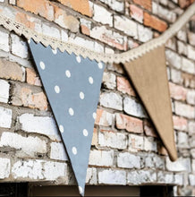 Load image into Gallery viewer, Blue Polka Cotton & Rustic Hessian Bunting