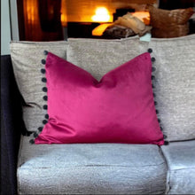 Load image into Gallery viewer, Cerise & Grey Pom Pom Velvet Cushion
