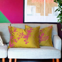 Load image into Gallery viewer, Silk Mustard & Dusky Pink Floral Cushion