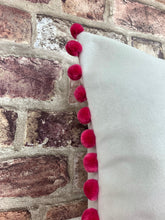 Load image into Gallery viewer, Optic White Velvet Cushion with Pink Pom Poms