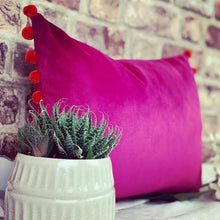 Load image into Gallery viewer, Cerise Pom Pom Velvet Cushion