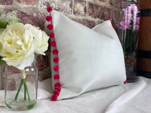 Load image into Gallery viewer, Optic White Velvet Cushion with Pink Pom Poms