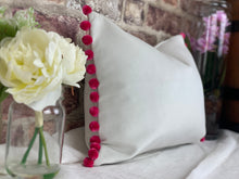 Load image into Gallery viewer, Optic White Velvet Cushion with Pink Pom Poms