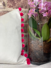 Load image into Gallery viewer, Optic White Velvet Cushion with Pink Pom Poms