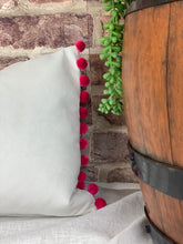 Load image into Gallery viewer, Optic White Velvet Cushion with Pink Pom Poms