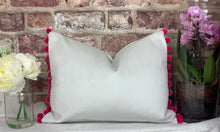Load image into Gallery viewer, Optic White Velvet Cushion with Pink Pom Poms