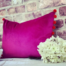 Load image into Gallery viewer, Cerise Pom Pom Velvet Cushion