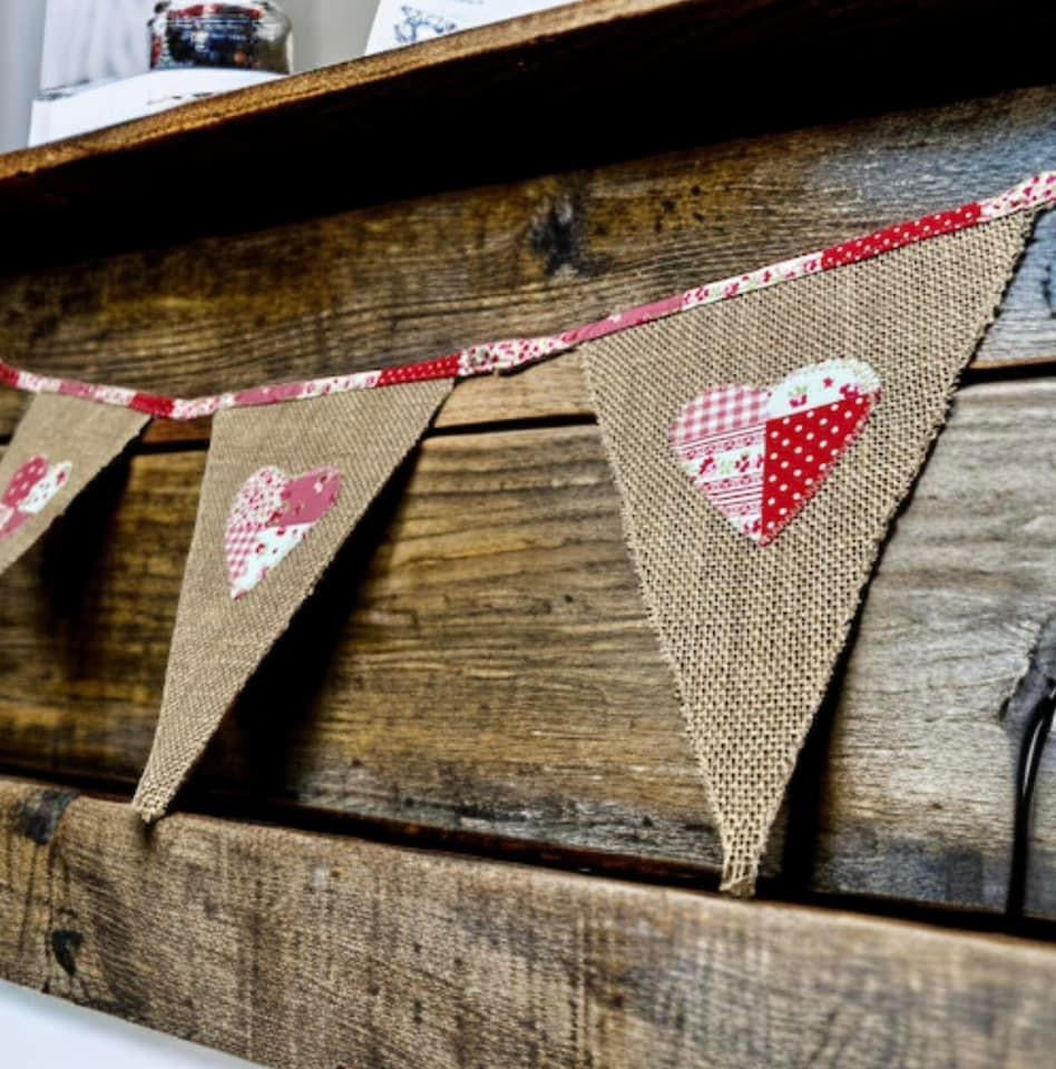 Rustic Hessian Bunting With Pink Patchwork Hearts
