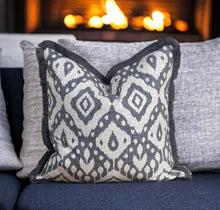Load image into Gallery viewer, Grey Marrakech Ikat Fringe Cushion
