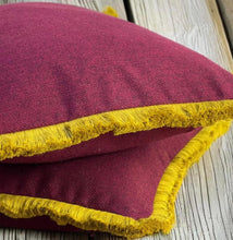Load image into Gallery viewer, Burgundy Herringbone Wool Mix &amp; Gold Fringe Cushion
