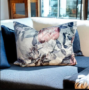 Pink Peony & Silver Velvet Cushion