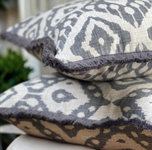 Load image into Gallery viewer, Grey Marrakech Ikat Fringe Cushion
