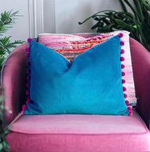 Load image into Gallery viewer, Jade &amp; Pink Pom Pom Velvet Cushion
