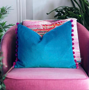 Jade & Pink Pom Pom Velvet Cushion