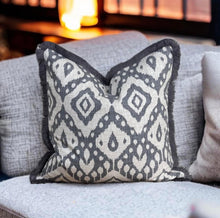 Load image into Gallery viewer, Grey Marrakech Ikat Fringe Cushion
