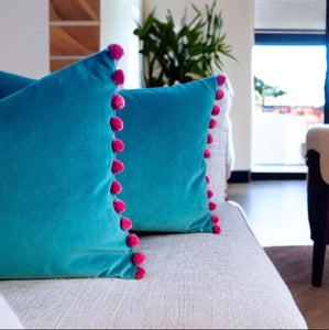 Jade & Pink Pom Pom Velvet Cushion