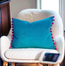 Load image into Gallery viewer, Jade &amp; Pink Pom Pom Velvet Cushion
