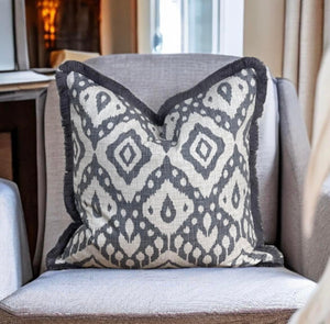 Grey Marrakech Ikat Fringe Cushion