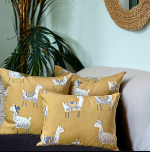 Llama Love Ochre Cotton Cushion