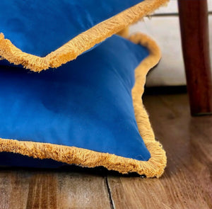 Marine Blue & Mustard Fringe Cushion