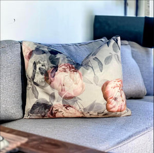 Pink Peony & Silver Velvet Cushion