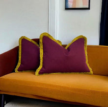 Load image into Gallery viewer, Burgundy Herringbone Wool Mix &amp; Gold Fringe Cushion
